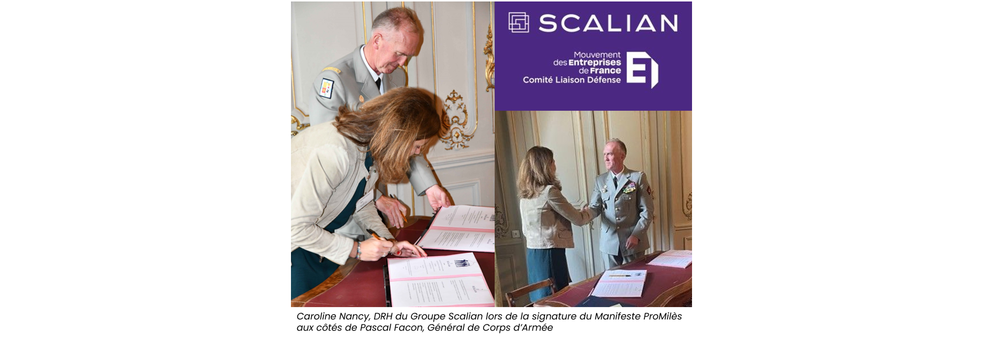 Caroline Nancy lors de la signature du manifeste ProMilès aux côtés de de Pascal Facon, Général de Corps d’Armée